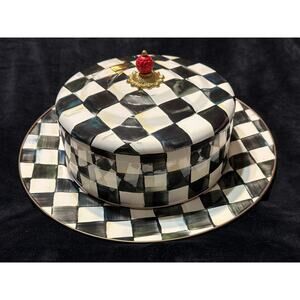Mackenzie Childs Enamel Black/White Courtly Check Checkered Covered Cake Plate